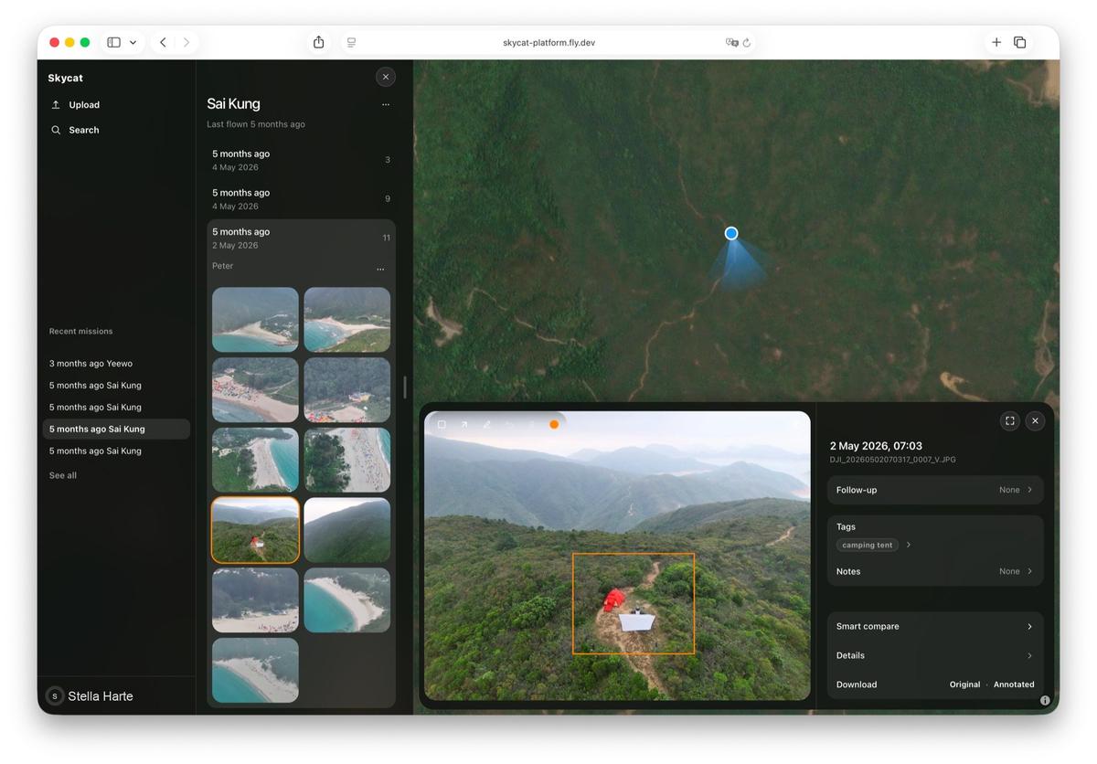 Skycat Photo: a hillside campsite flagged on an aerial photo, with the place on the map