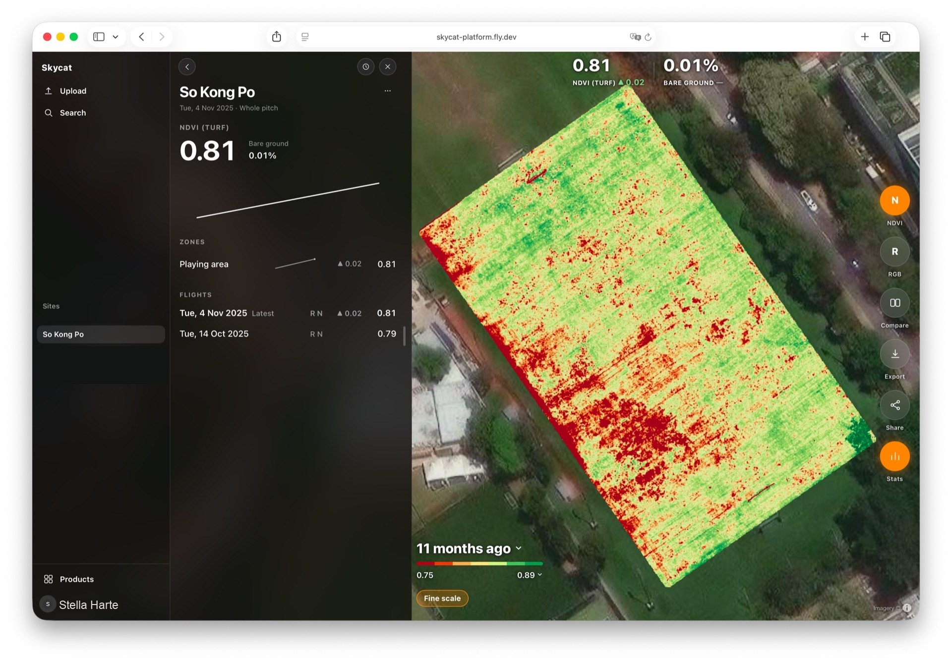 Skycat Sensing: So Kong Po pitch NDVI with zone score, trend, and flights listed